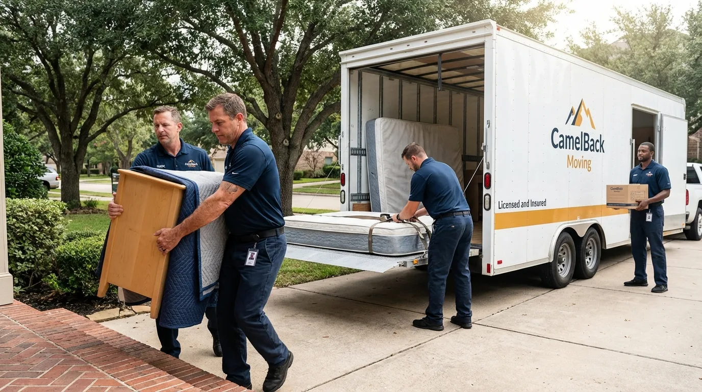Crew loading residential truck for cross-state move from Seymour, WI