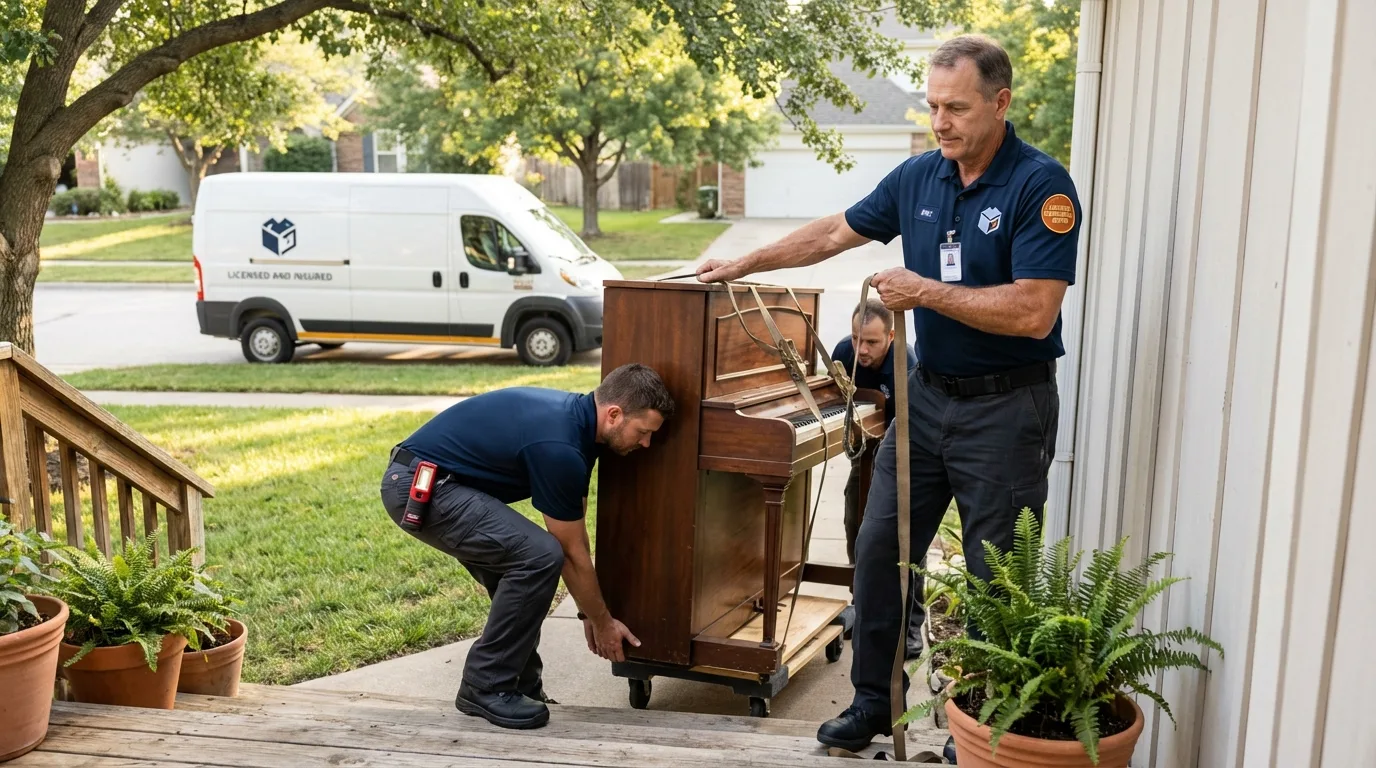Licensed piano movers securing grand piano in Seymour, WI