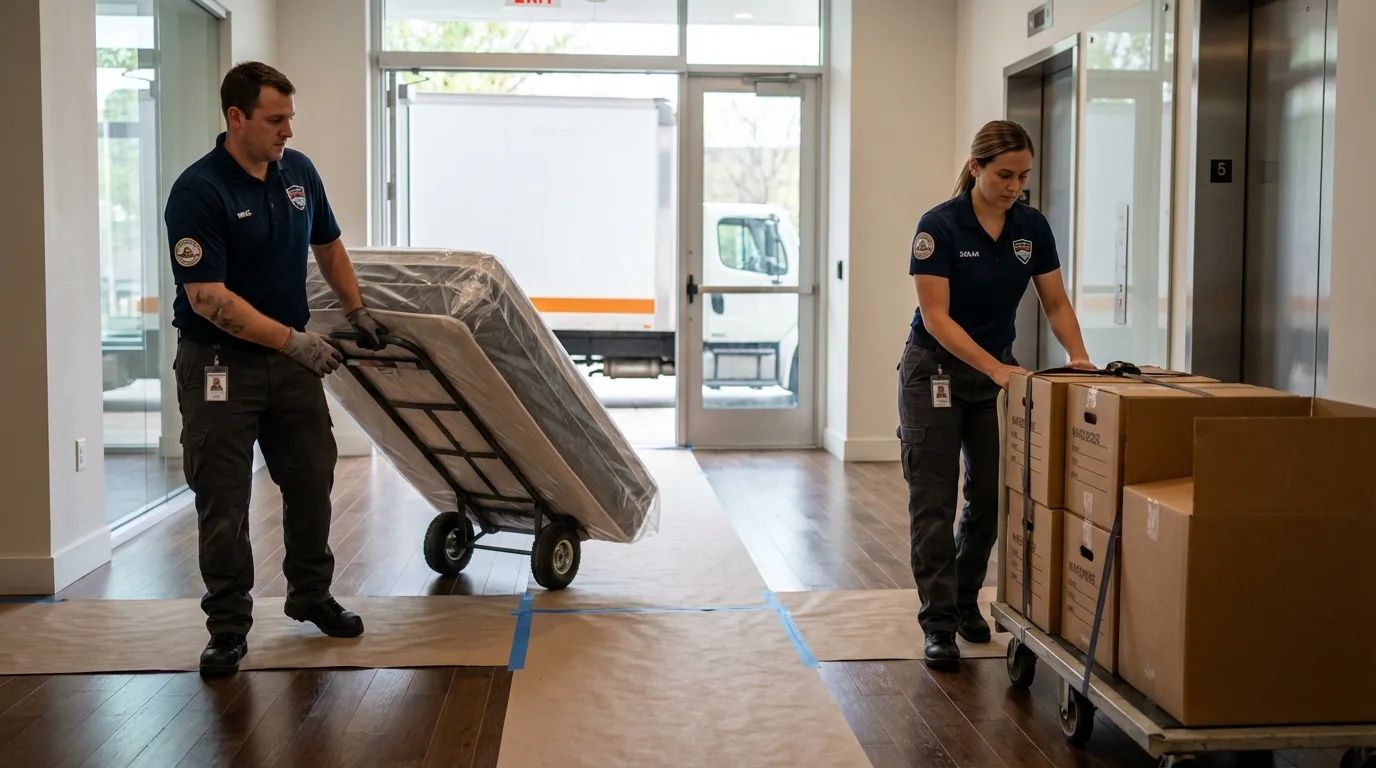 Professional apartment movers loading elevator in Seymour, WI
