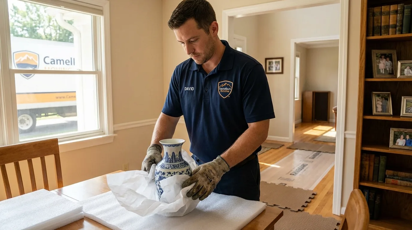 Professional crew carefully wrapping antique vase for senior downsizing move in Seymour, WI