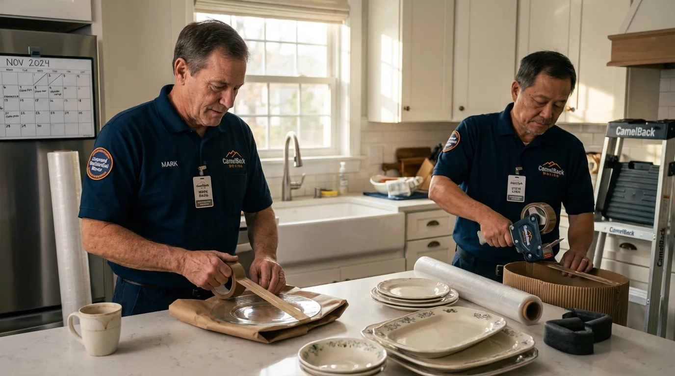 Professional crew packing kitchen dishware in Seymour, WI